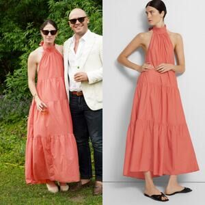Theory Tiered Halter Maxi Dress Cotton Blend Pink Coral Large Event Minimalist